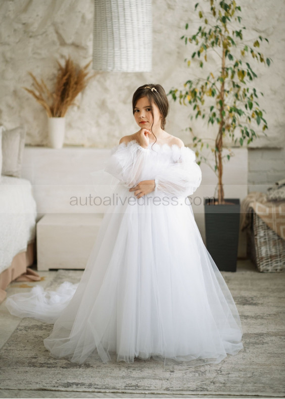Cold Shoulder White Tulle Long Flower Girl Dress
